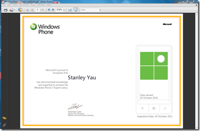 Windows Phone 7 Expert certificate